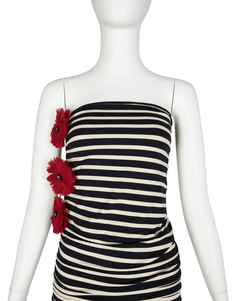Jean Paul Gaultier Vintage Black White Striped Red Flower Ruched Mini Dress / Skirt