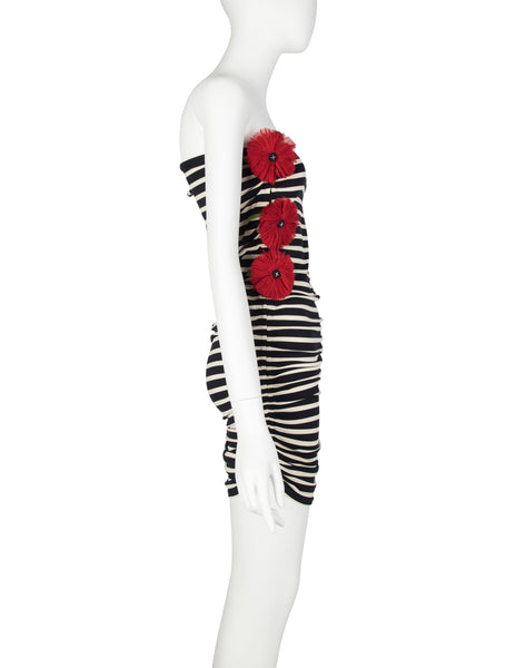 Jean Paul Gaultier Vintage Black White Striped Red Flower Ruched Mini Dress / Skirt
