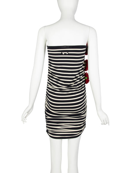 Jean Paul Gaultier Vintage Black White Striped Red Flower Ruched Mini Dress / Skirt
