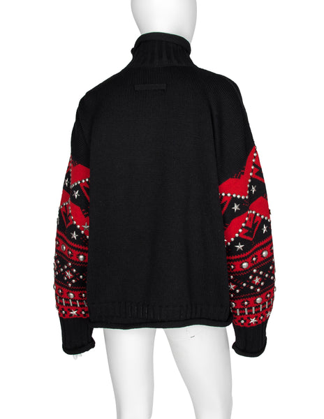 Jean Paul Gaultier Vintage AW 1992 Mens Black and Red Sweater with Studded Sleeves