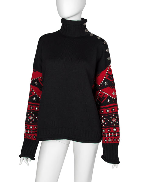 Jean Paul Gaultier Vintage AW 1992 Mens Black and Red Sweater with Studded Sleeves