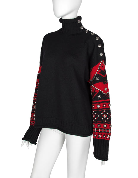 Jean Paul Gaultier Vintage AW 1992 Mens Black and Red Sweater with Studded Sleeves