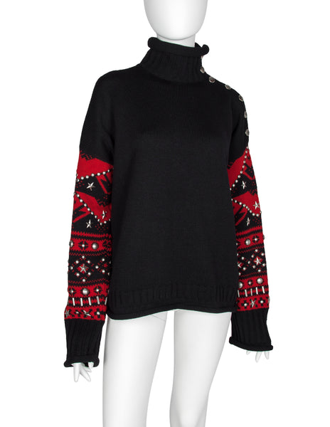 Jean Paul Gaultier Vintage AW 1992 Mens Black and Red Sweater with Studded Sleeves