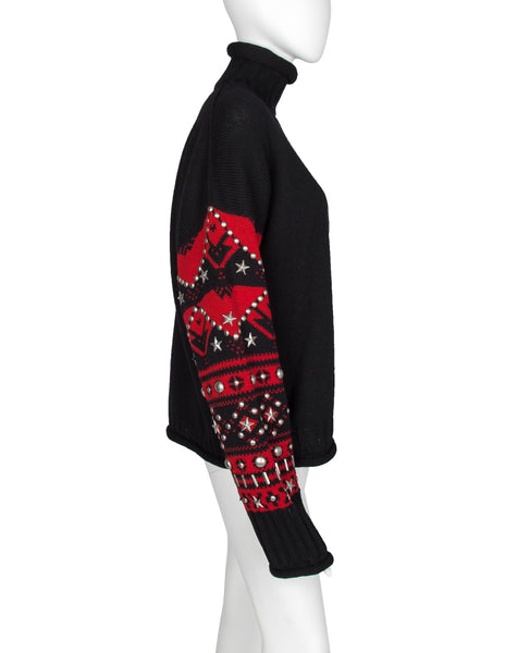 Jean Paul Gaultier Vintage AW 1992 Mens Black and Red Sweater with Studded Sleeves