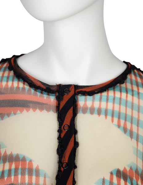 Jean Paul Gaultier Vintage AW 2001 Greta Garbo Psychedelic Print Sheer Mesh Snap Cardigan Top