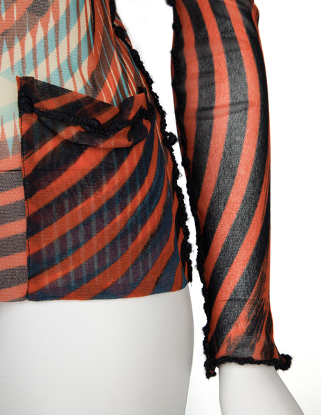 Jean Paul Gaultier Vintage AW 2001 Greta Garbo Psychedelic Print Sheer Mesh Snap Cardigan Top