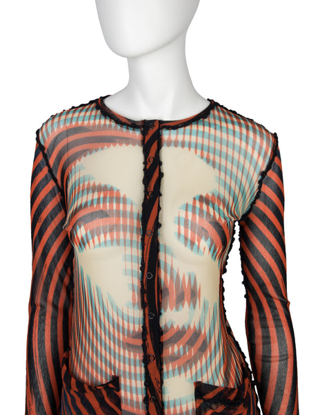 Jean Paul Gaultier Vintage AW 2001 Greta Garbo Psychedelic Print Sheer Mesh Snap Cardigan Top