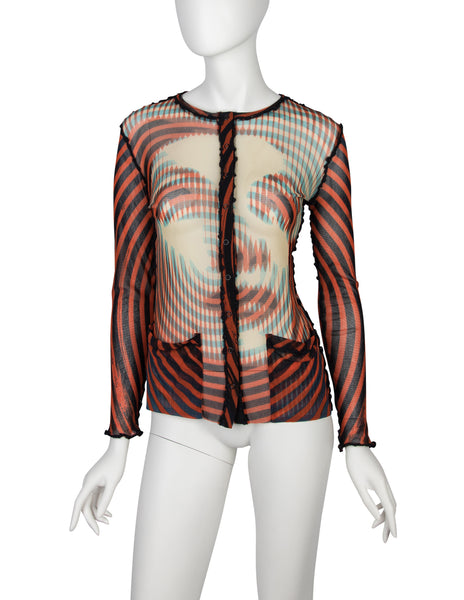 Jean Paul Gaultier Vintage AW 2001 Greta Garbo Psychedelic Print Sheer Mesh Snap Cardigan Top