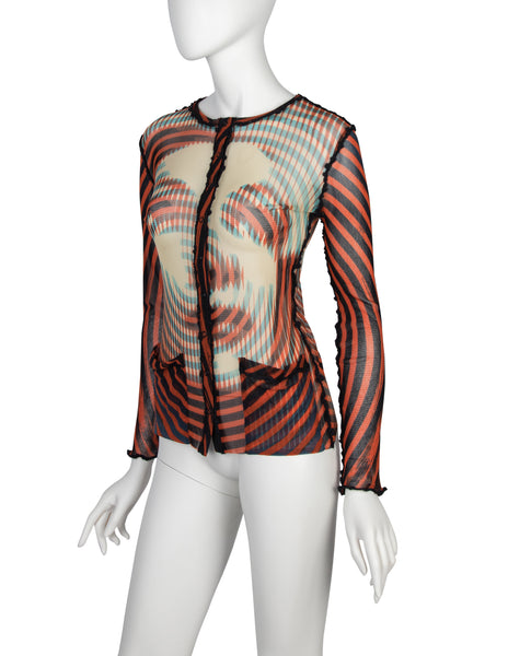 Jean Paul Gaultier Vintage AW 2001 Greta Garbo Psychedelic Print Sheer Mesh Snap Cardigan Top
