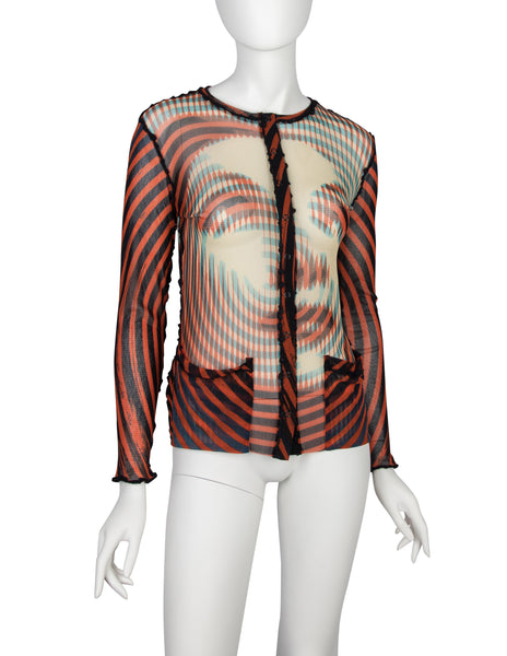 Jean Paul Gaultier Vintage AW 2001 Greta Garbo Psychedelic Print Sheer Mesh Snap Cardigan Top