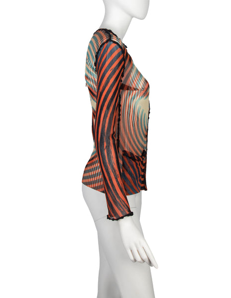 Jean Paul Gaultier Vintage AW 2001 Greta Garbo Psychedelic Print Sheer Mesh Snap Cardigan Top