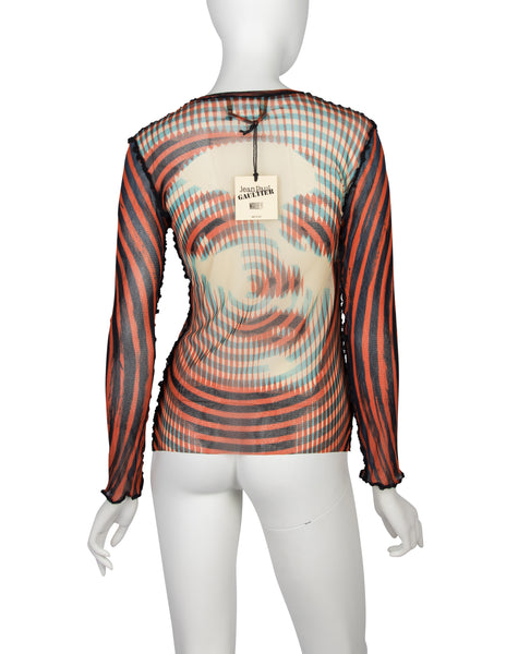 Jean Paul Gaultier Vintage AW 2001 Greta Garbo Psychedelic Print Sheer Mesh Snap Cardigan Top