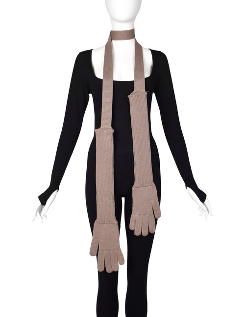jean paul gaultier handschuhe Jean Paul Gaultier Vintage AW 2000 Taupe Knit Attached Gloves – Amarcord Vintage Fashion