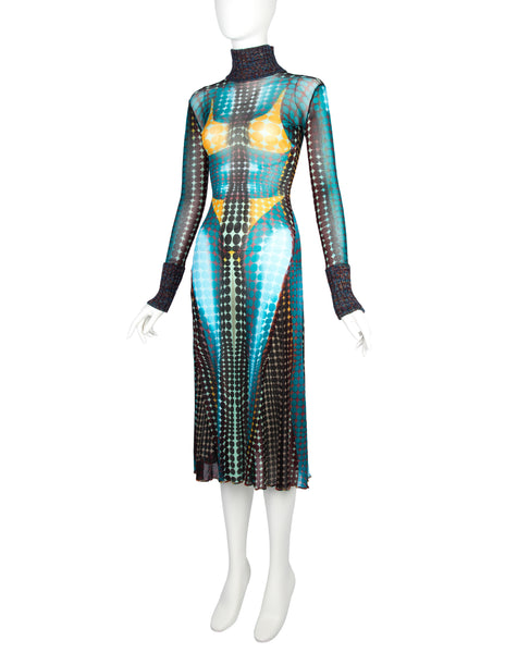 Jean Paul Gaultier Vintage AW 1995 Cyber Collection Iconic Original Cyber Dot Trompe L'oeil Mesh Dress
