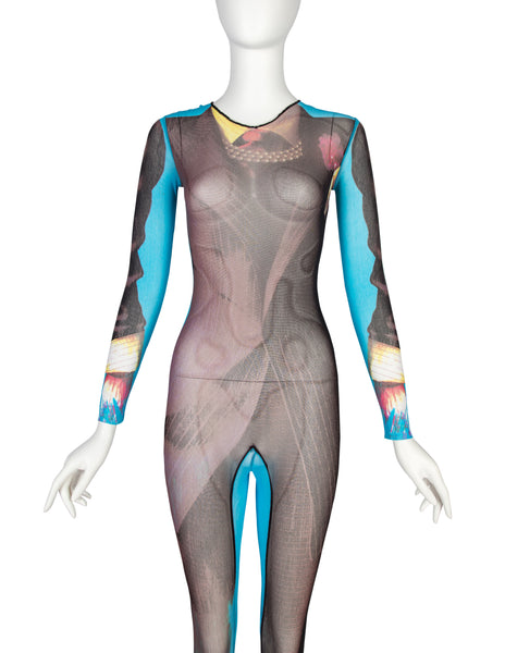 Jean Paul Gaultier Vintage SS 1997 Incredible Trompe L'oeil Tuxedo Suit Print Sheer Mesh Catsuit