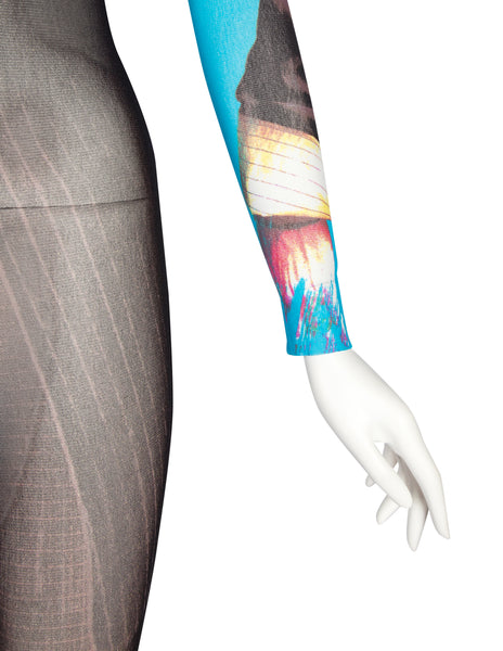 Jean Paul Gaultier Vintage SS 1997 Incredible Trompe L'oeil Tuxedo Suit Print Sheer Mesh Catsuit