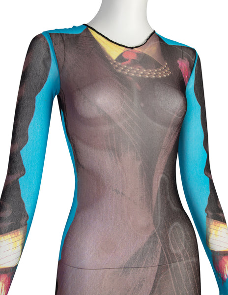 Jean Paul Gaultier Vintage SS 1997 Incredible Trompe L'oeil Tuxedo Suit Print Sheer Mesh Catsuit