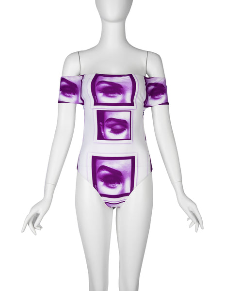 Jean Paul Gaultier Vintage SS 2003 Incredible Purple White Eye Photo Print Swimsuit