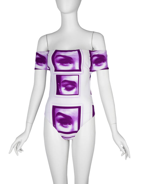 Jean Paul Gaultier Vintage SS 2003 Incredible Purple White Eye Photo Print Swimsuit