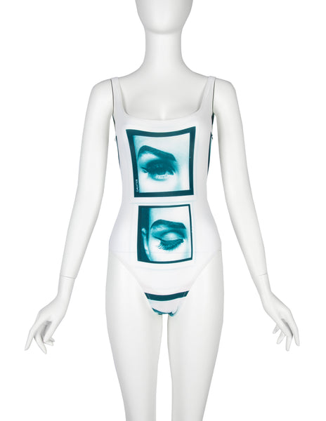 Jean Paul Gaultier Vintage SS 2003 Incredible Teal White Eye Photo Print Swimsuit