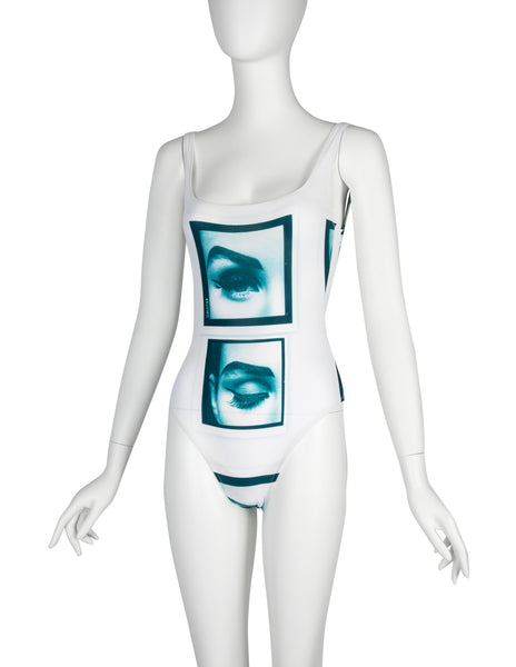 Jean Paul Gaultier Vintage SS 2003 Incredible Teal White Eye Photo Print Swimsuit