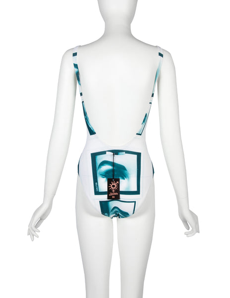 Jean Paul Gaultier Vintage SS 2003 Incredible Teal White Eye Photo Print Swimsuit