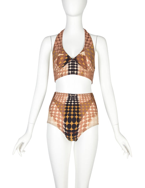 Jean Paul Gaultier Vintage SS 1996 Iconic Cyber Dot Brown Trompe L'oeil Two-Piece Swimsuit