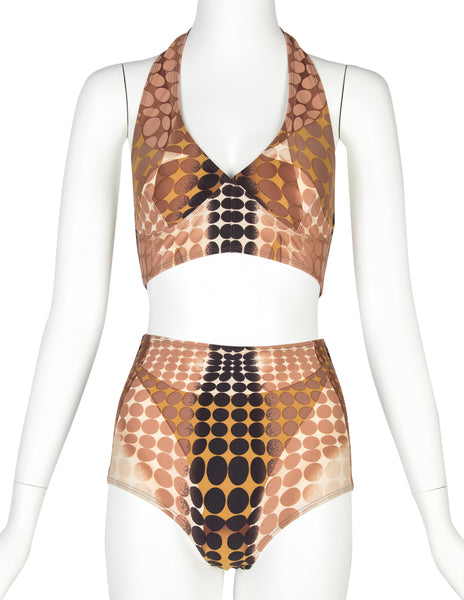 Jean Paul Gaultier Vintage SS 1996 Iconic Cyber Dot Brown Trompe L'oeil Two-Piece Swimsuit