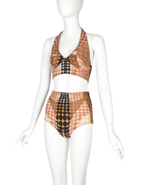 Jean Paul Gaultier Vintage SS 1996 Iconic Cyber Dot Brown Trompe L'oeil Two-Piece Swimsuit