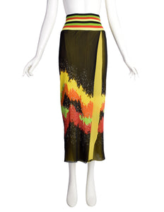 Jean Paul Gaultier Vintage SS 1997 Black Yellow Red Orange Green Patterned Striped Layered Mesh Skirt