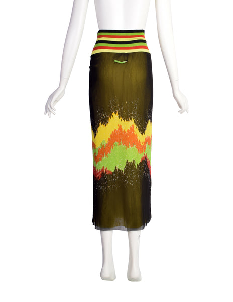 Jean Paul Gaultier Vintage SS 1997 Black Yellow Red Orange Green Patterned Striped Layered Mesh Skirt