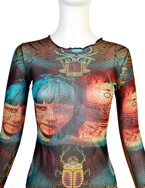 Jean Paul Gaultier Vintage SS 1997 Tattooed Faces Scarab Mesh Top