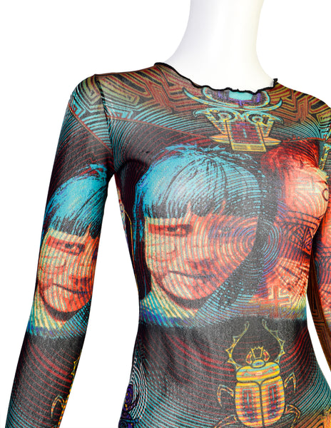 Jean Paul Gaultier Vintage SS 1997 Tattooed Faces Scarab Mesh Top