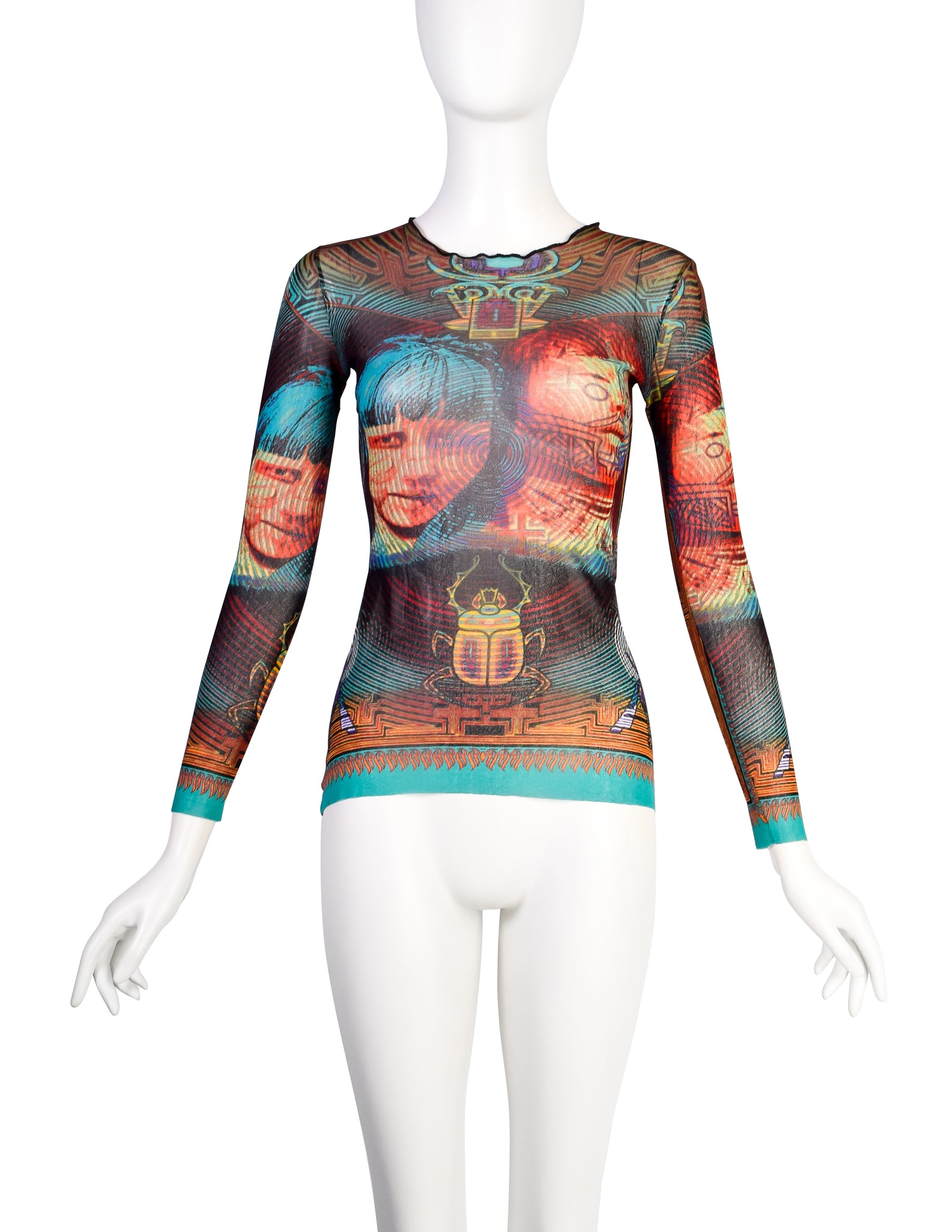 Jean Paul Gaultier Vintage SS 1997 Tattooed Faces Scarab Mesh Top