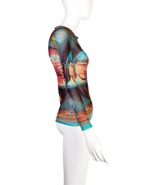 Jean Paul Gaultier Vintage SS 1997 Tattooed Faces Scarab Mesh Top