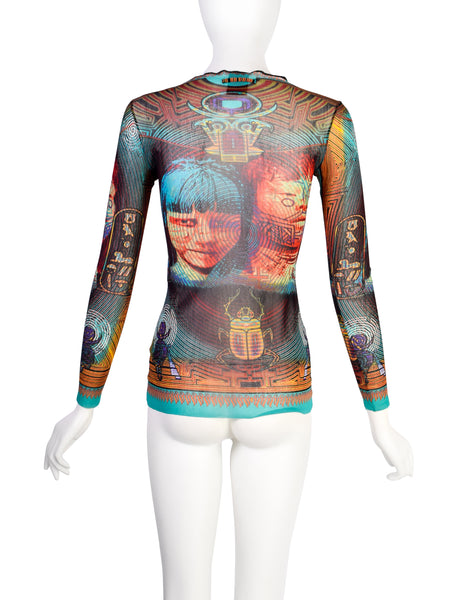 Jean Paul Gaultier Vintage SS 1997 Tattooed Faces Scarab Mesh Top
