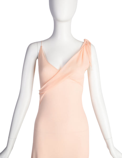 Jean Paul Gaultier Vintage Peachy Pink Mesh Knotted Surplice Maxi Dress