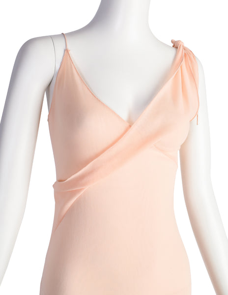 Jean Paul Gaultier Vintage Peachy Pink Mesh Knotted Surplice Maxi Dress