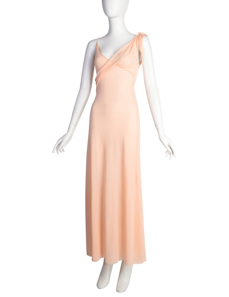 Jean Paul Gaultier Vintage Peachy Pink Mesh Knotted Surplice Maxi Dress