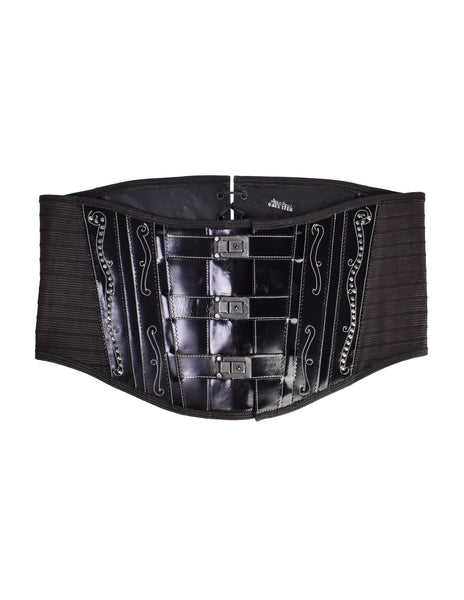 Jean Paul Gaultier Vintage AW1992 Black and Silver Patent Leather Western Inspired Ultra Wide Corset Belt