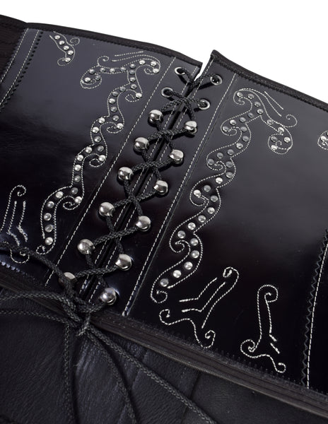 Jean Paul Gaultier Vintage AW1992 Black and Silver Patent Leather Western Inspired Ultra Wide Corset Belt