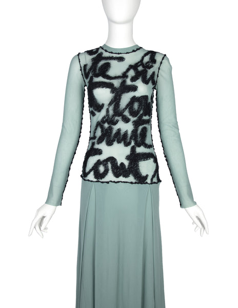 Jean Paul Gaultier Vintage AW 2001 Pale Blue and Black Embroidered Mesh Maxi Dress