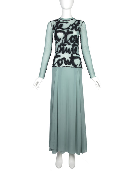 Jean Paul Gaultier Vintage AW 2001 Pale Blue and Black Embroidered Mesh Maxi Dress