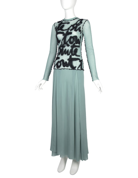 Jean Paul Gaultier Vintage AW 2001 Pale Blue and Black Embroidered Mesh Maxi Dress