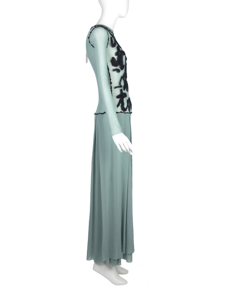 Jean Paul Gaultier Vintage AW 2001 Pale Blue and Black Embroidered Mesh Maxi Dress