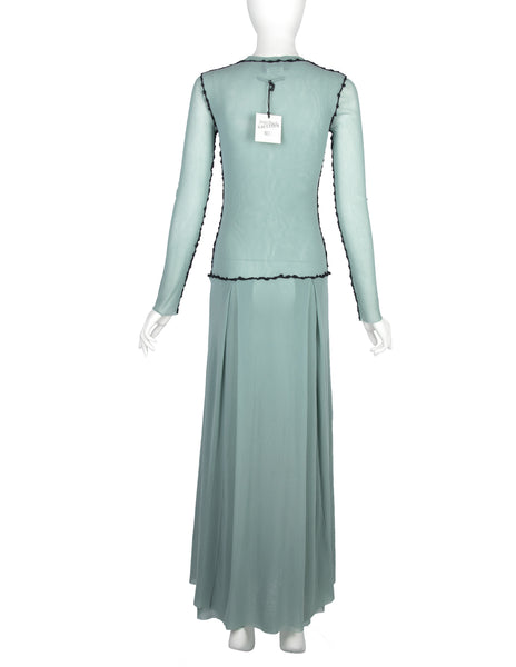 Jean Paul Gaultier Vintage AW 2001 Pale Blue and Black Embroidered Mesh Maxi Dress