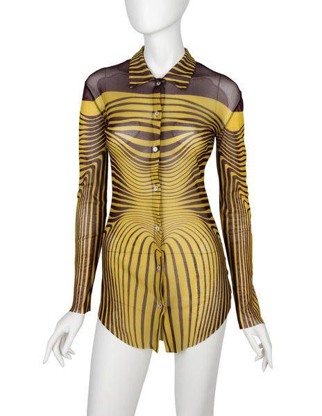 Jean Paul Gaultier Vintage SS 1996 Iconic Original Cyber Baba Yellow and Brown Sheer Mesh Top