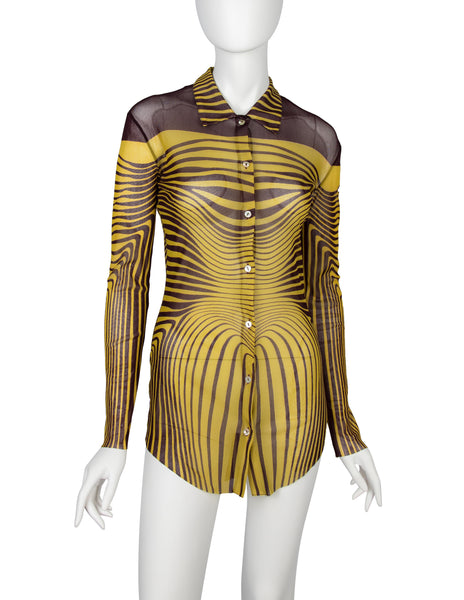 Jean Paul Gaultier Vintage SS 1996 Iconic Original Cyber Baba Yellow and Brown Sheer Mesh Top