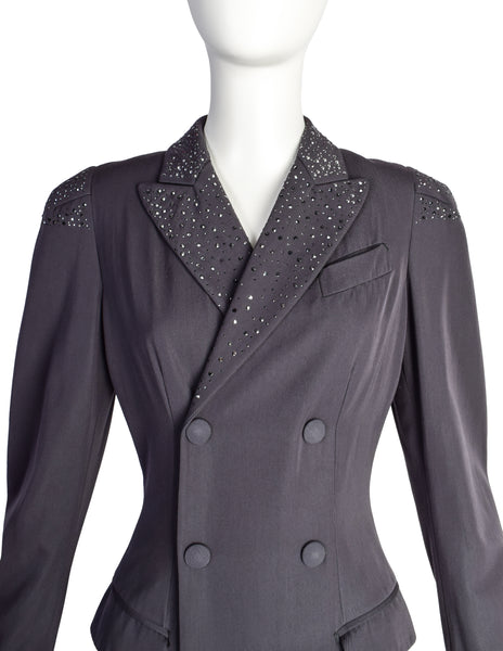 Jean Paul Gaultier Vintage AW1995 Cyber Collection Charcoal Grey Rhinestone Embellished Coat with Train