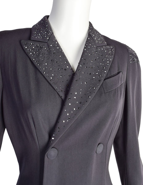 Jean Paul Gaultier Vintage AW1995 Cyber Collection Charcoal Grey Rhinestone Embellished Coat with Train